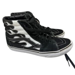 Vans Sneakers Men's 9 Black White Flames High Top Skater Punk Y2K Rock Sk8-Hi